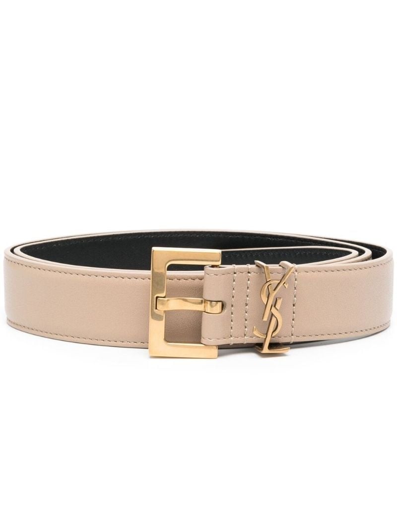 Neutral Monogram Buckle Leather Belt