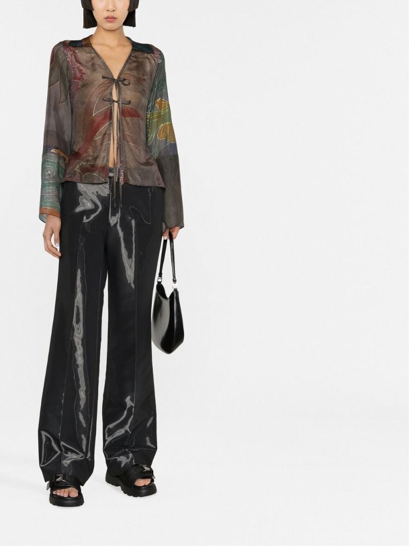 Brown Patchwork Long-sleeve Silk Shirt