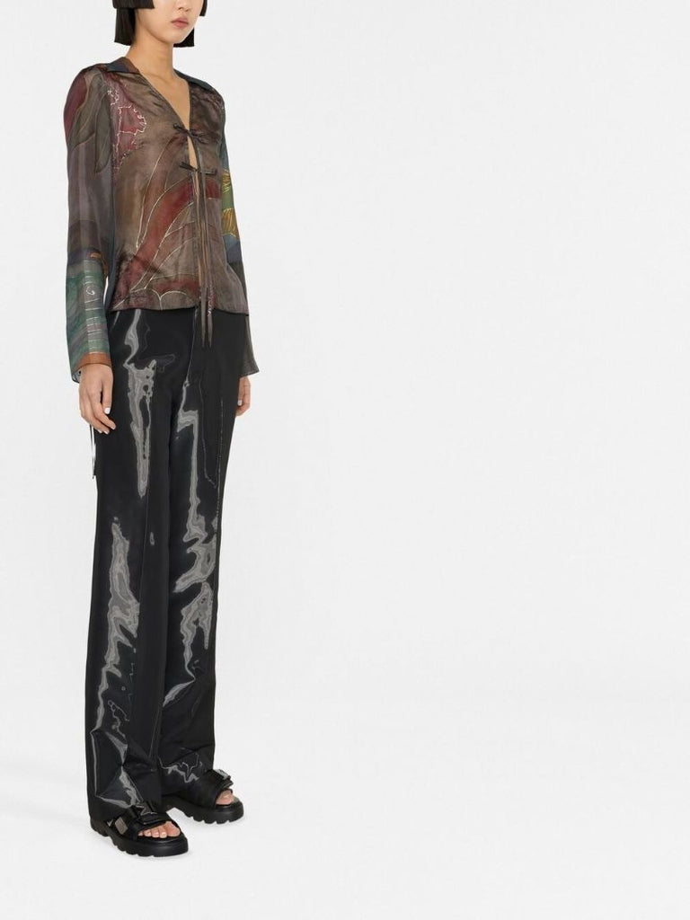 Brown Patchwork Long-sleeve Silk Shirt