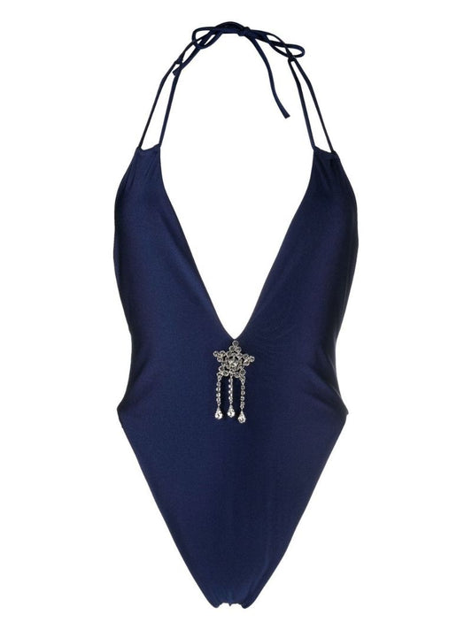 Blue Crystal Embellished Plunge Swimsuit