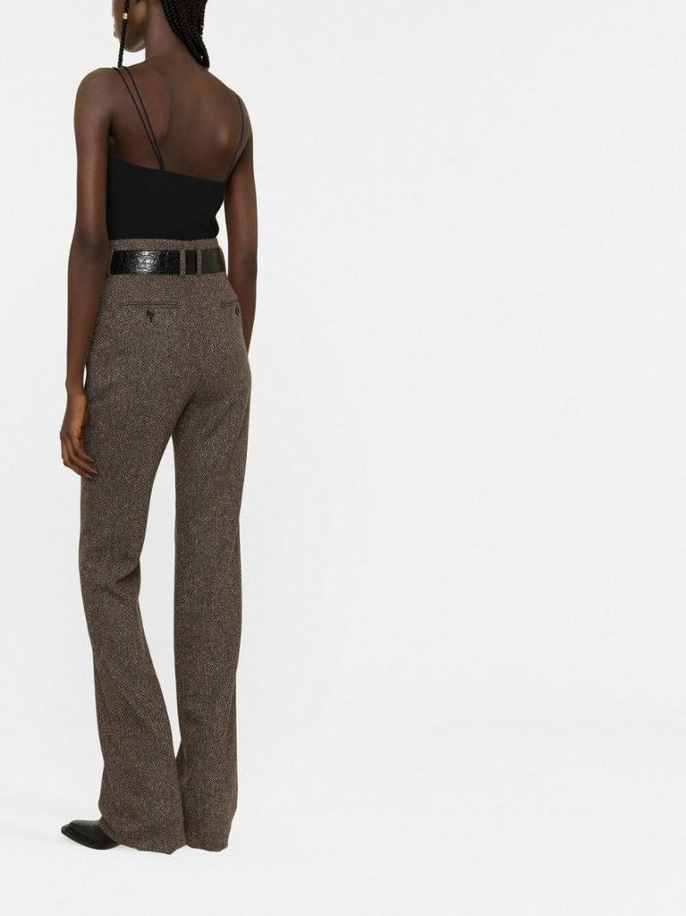 Brown Herringbone Tailored Wool Trousers