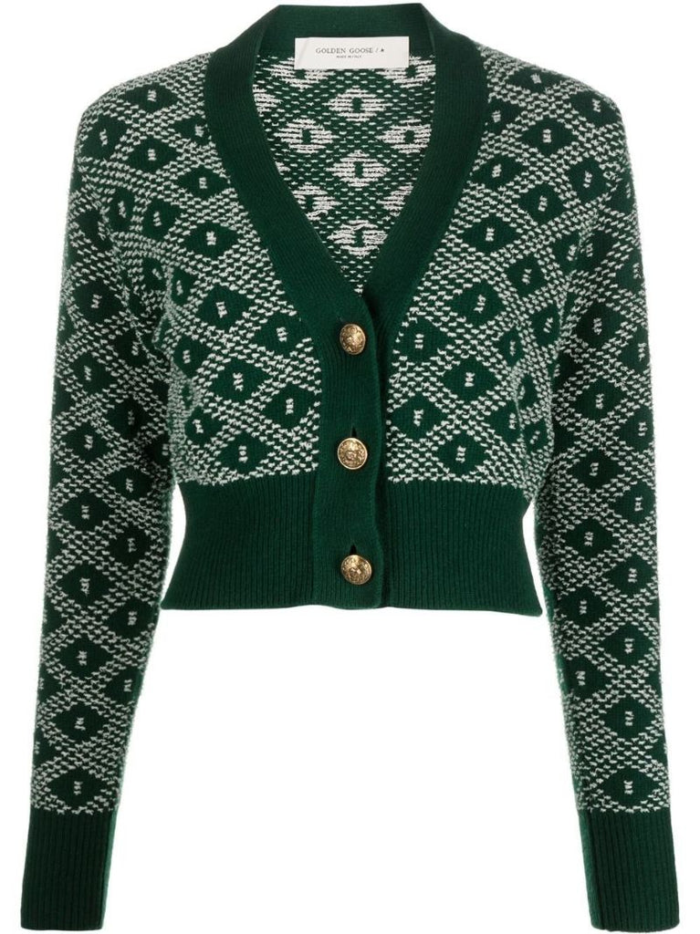 Green Diamond Jacquard V-neck Cardigan