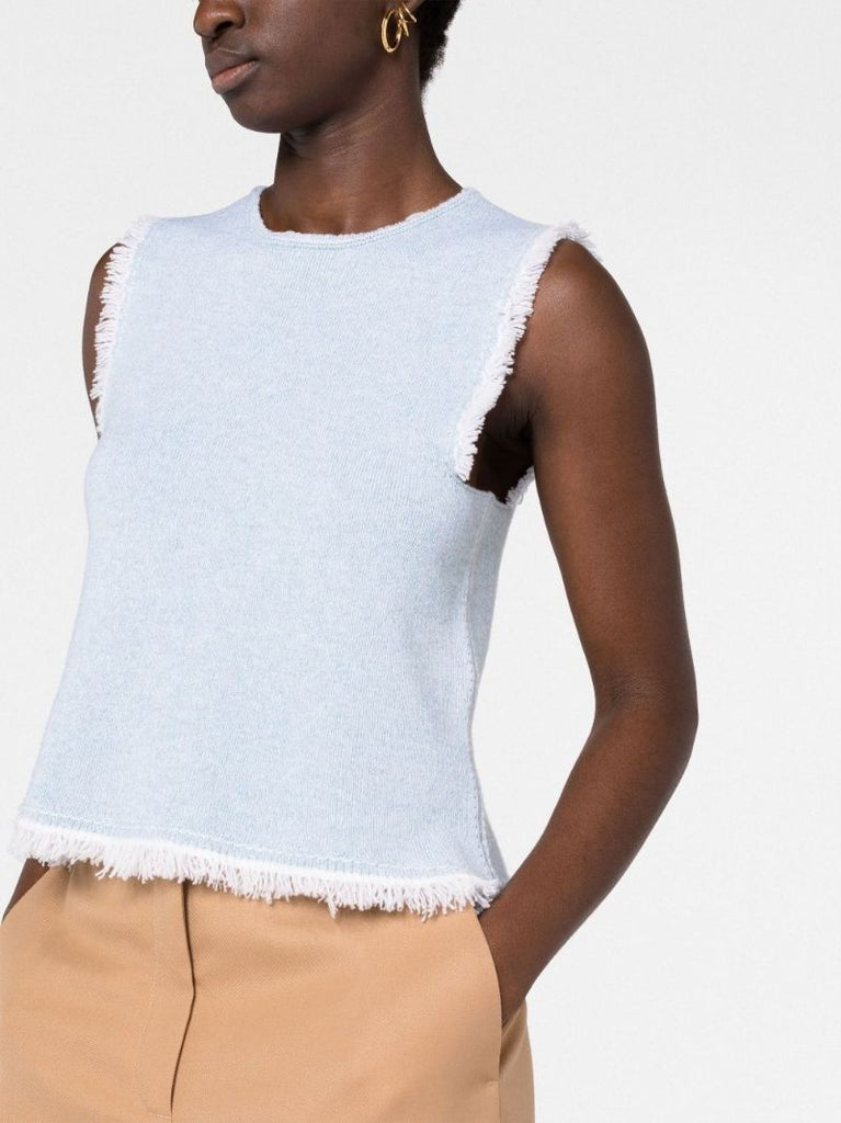 Blue Fringe-trim Sleeveless Knitted Top