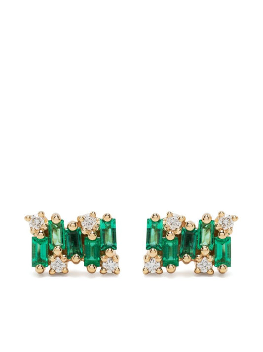 18k Yellow Gold Shimmer Emerald and Diamond Stud Earrings