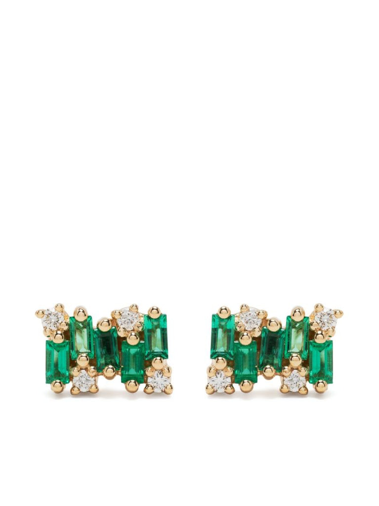 18k Yellow Gold Shimmer Emerald and Diamond Stud Earrings