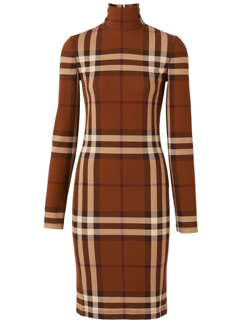 Brown Check Print Jersey Mini Dress