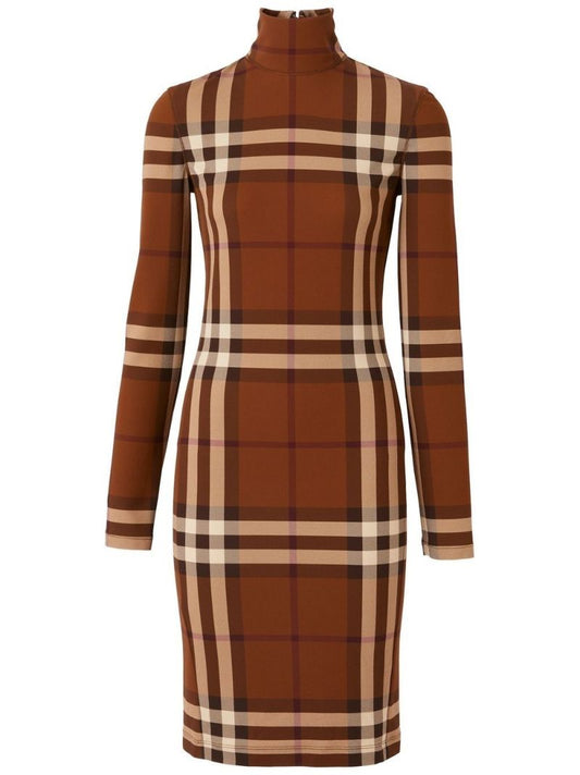 Brown Check Print Jersey Mini Dress