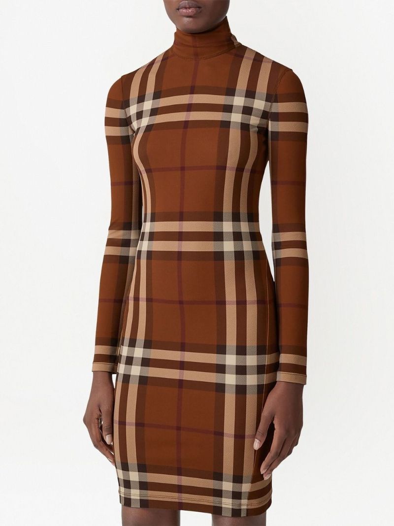 Brown Check Print Jersey Mini Dress