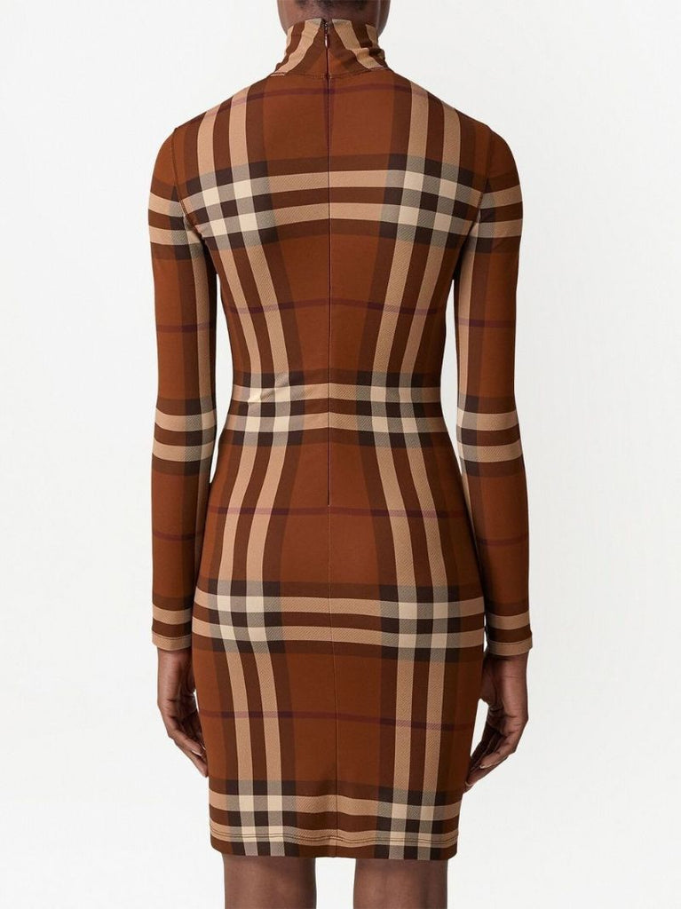 Brown Check Print Jersey Mini Dress