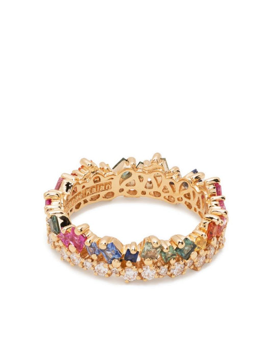 18k Yellow Gold Princess Rainbow Sapphire Eternity Band Ring