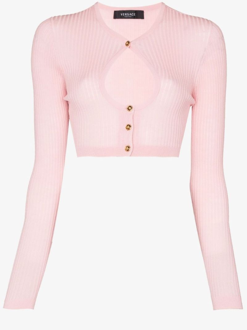 Pink Cropped Cut-out Wool Cardigan