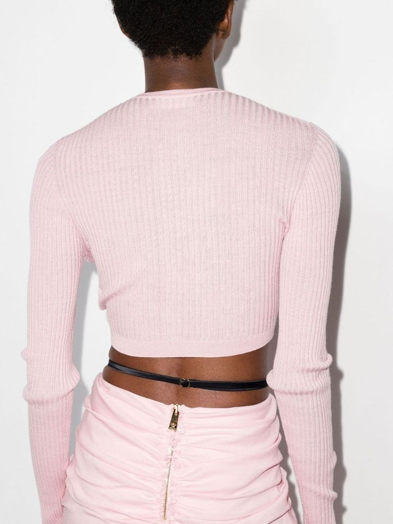 Pink Cropped Cut-out Wool Cardigan