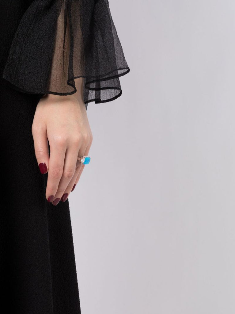 18k White Gold Deco Wide Twister Crystal and Diamond Ring