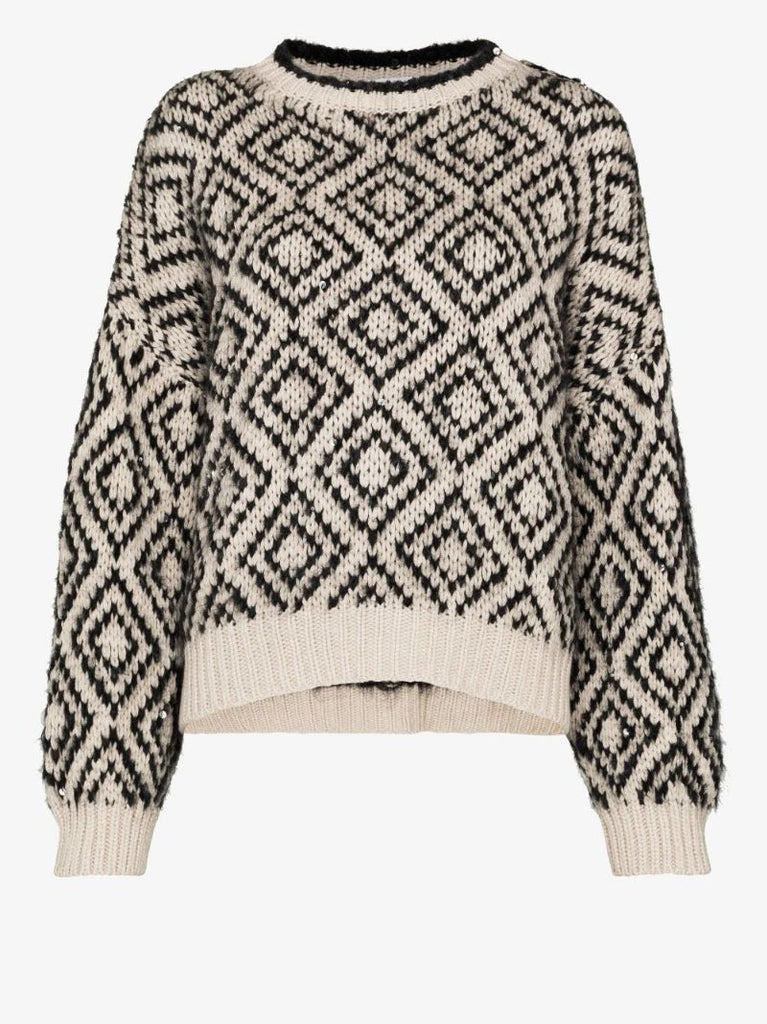 Black Geometric Intarsia Knit Sweater