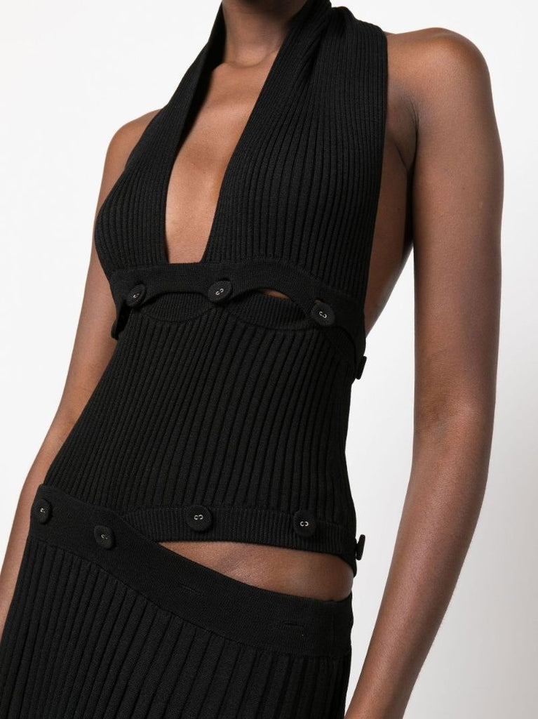 Black Buttoned Halterneck Dress