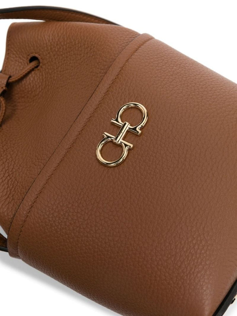 Brown Drawstring Bucket Leather Shoulder Bag