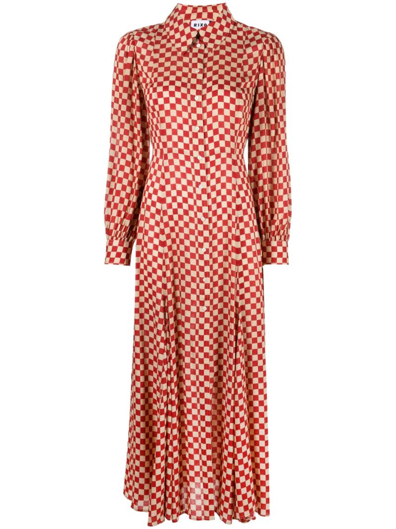 Red and Neutral Maddison Checkerboard Print Midi Dress