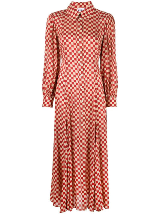 Red and Neutral Maddison Checkerboard Print Midi Dress