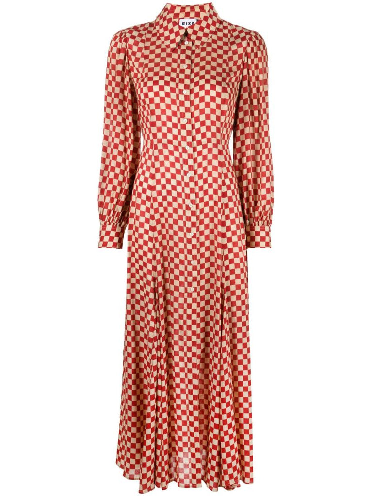 Red and Neutral Maddison Checkerboard Print Midi Dress