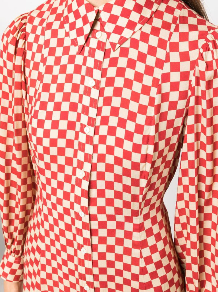 Red and Neutral Maddison Checkerboard Print Midi Dress
