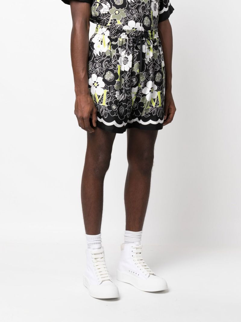 Black Floral Print Silk Shorts