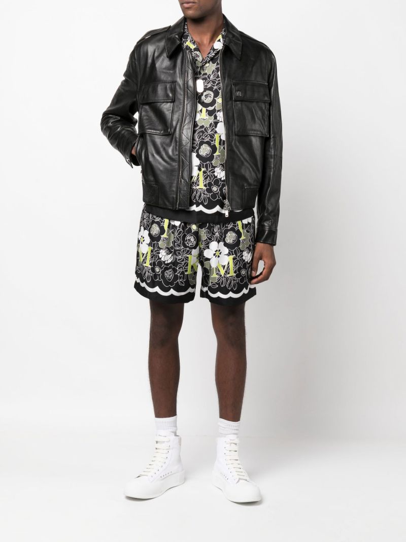 Black Floral Print Silk Shorts