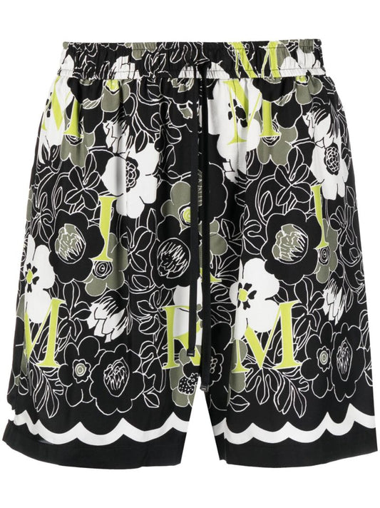 Black Floral Print Silk Shorts