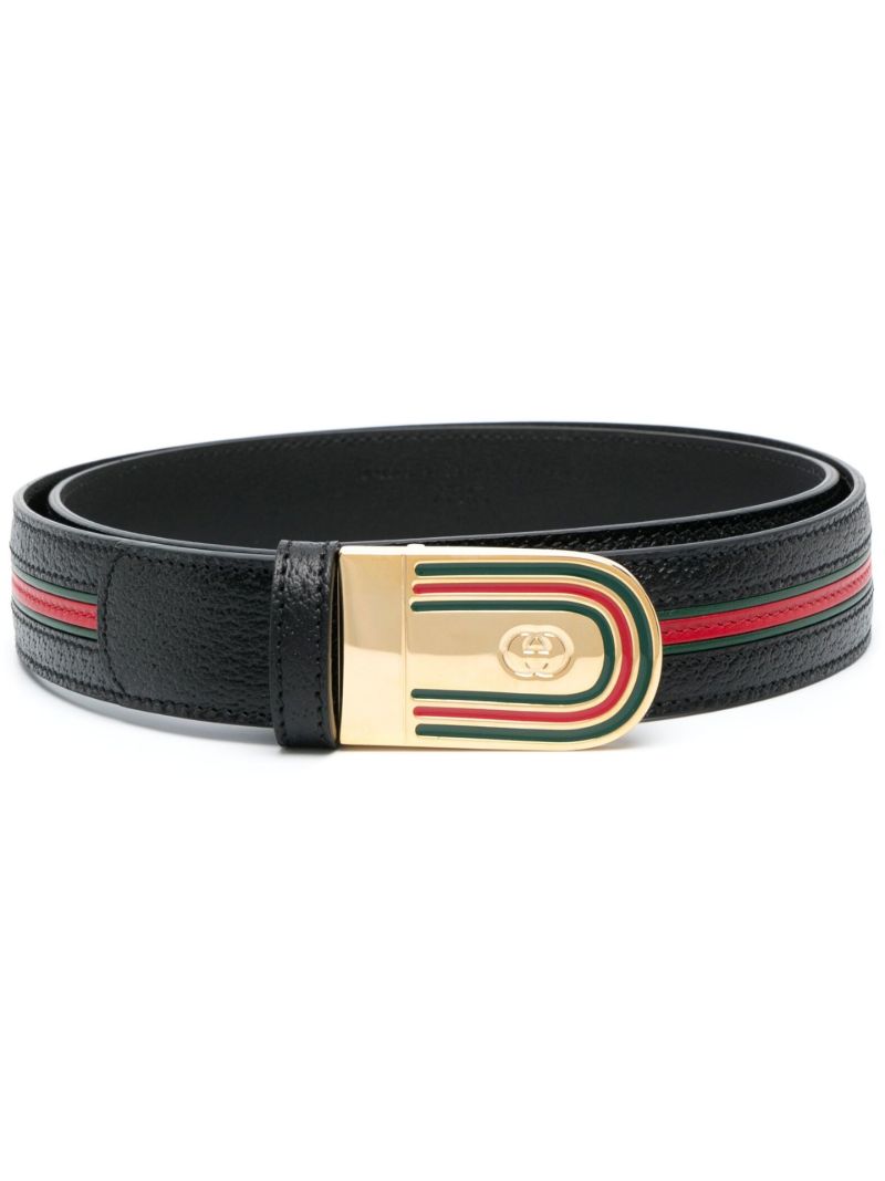 Black Web Stripe Leather Belt
