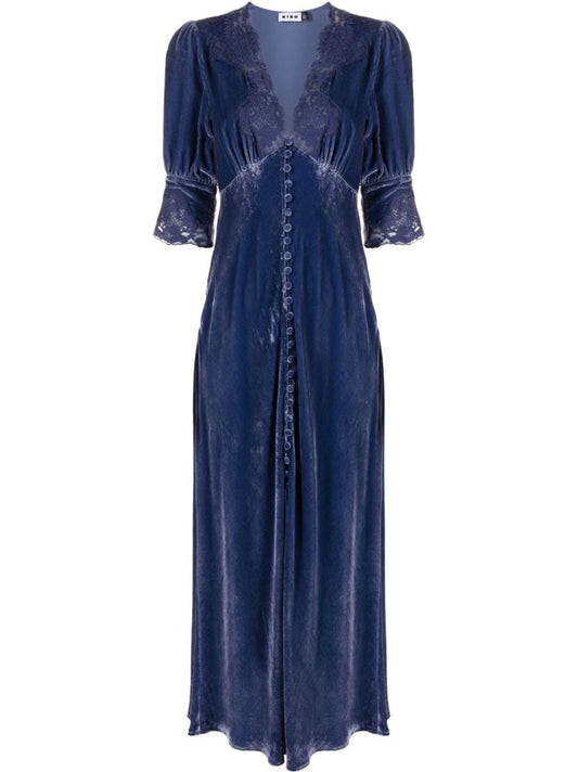 Blue Simone Lace-trim Velvet Dress