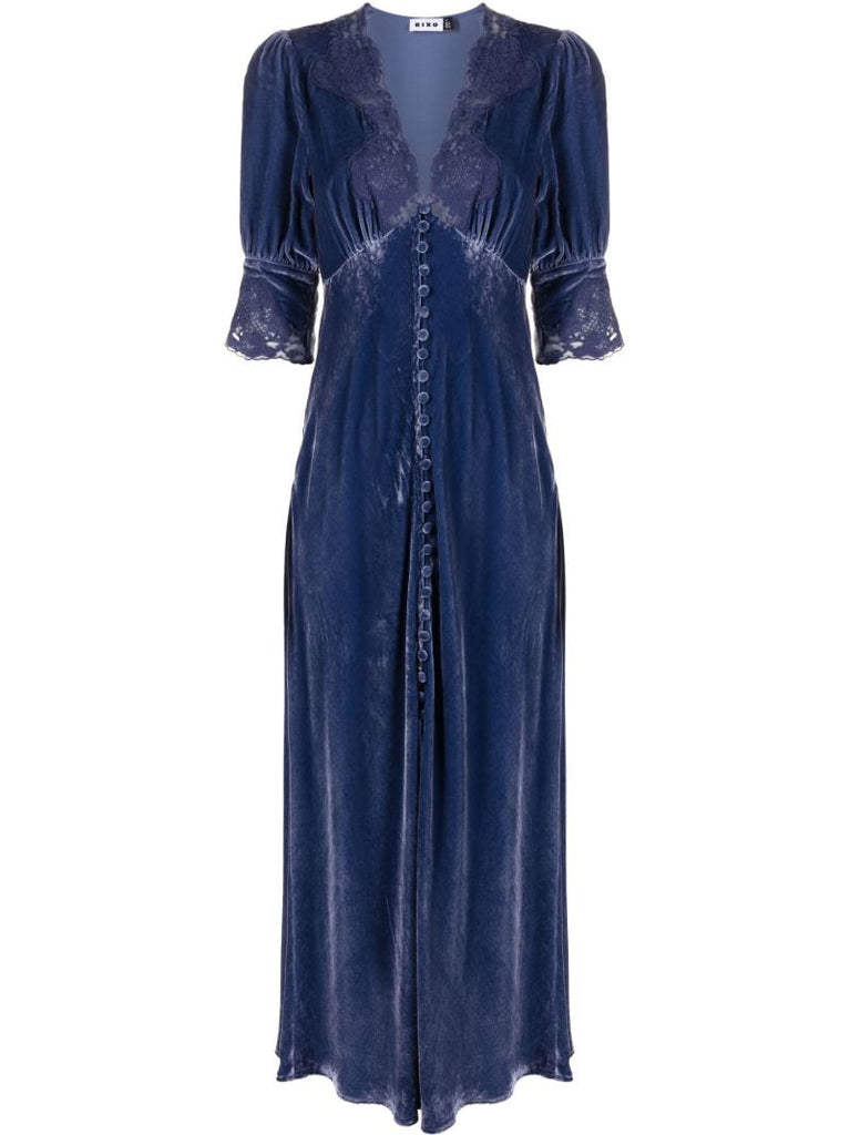 Blue Simone Lace-trim Velvet Dress