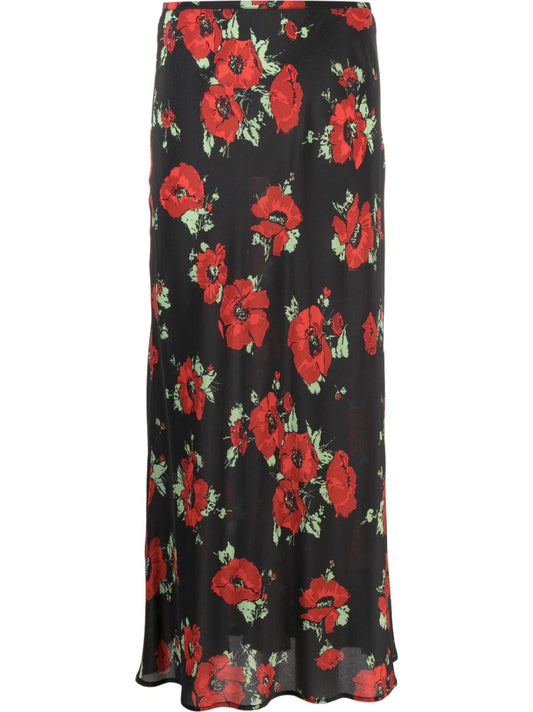 Black Kelly Floral Print Midi Skirt