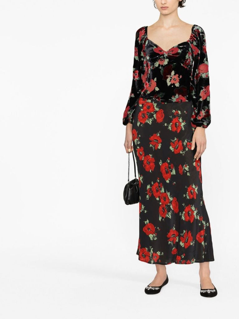 Black Kelly Floral Print Midi Skirt