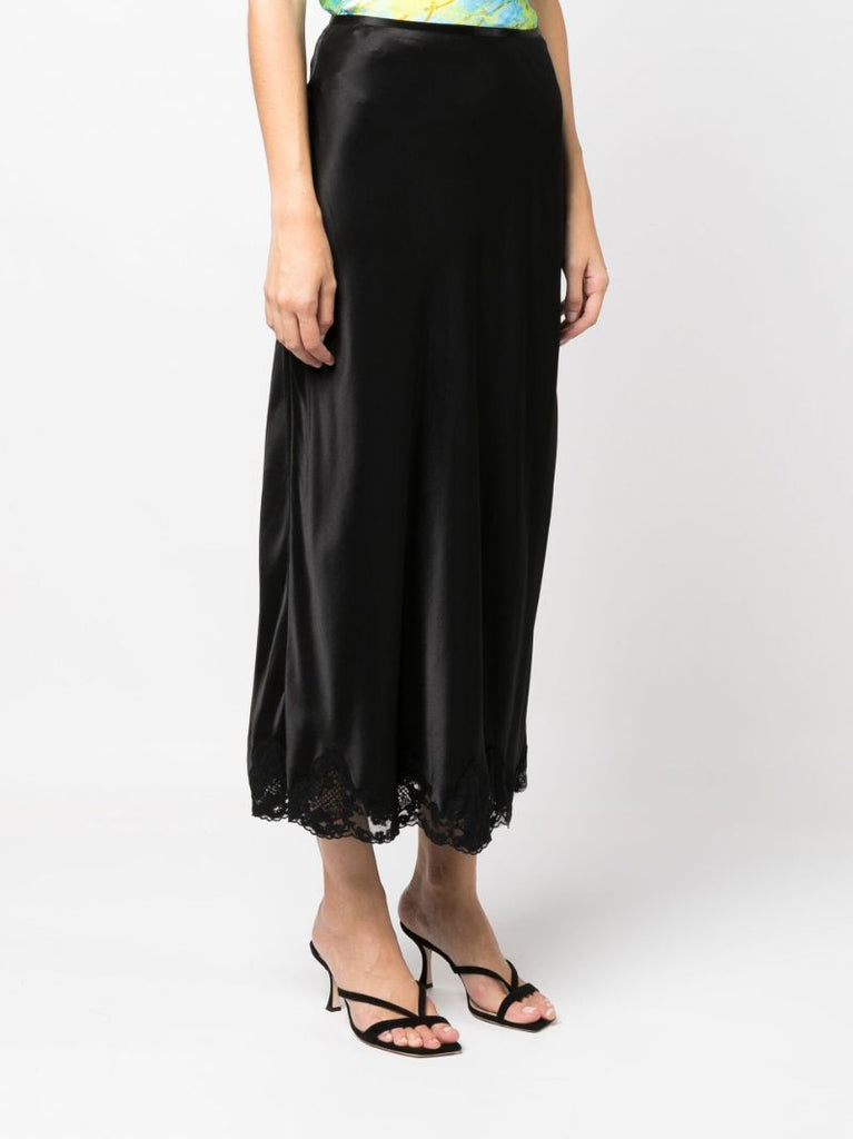 Black Crystal Lace Trim Midi Skirt