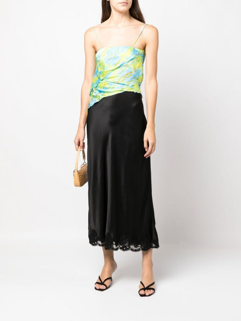 Black Crystal Lace Trim Midi Skirt