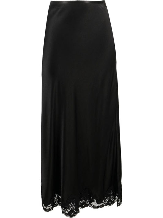 Black Crystal Lace Trim Midi Skirt