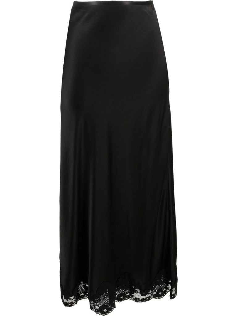Black Crystal Lace Trim Midi Skirt