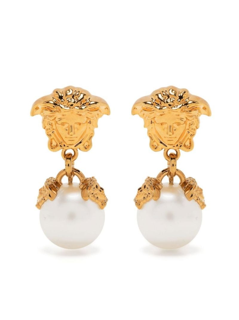 Gold-tone Medusa Head Pearl Drop Earrings