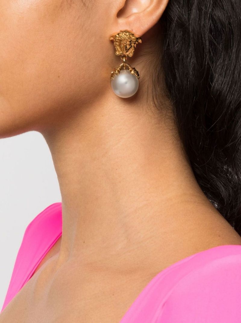 Gold-tone Medusa Head Pearl Drop Earrings