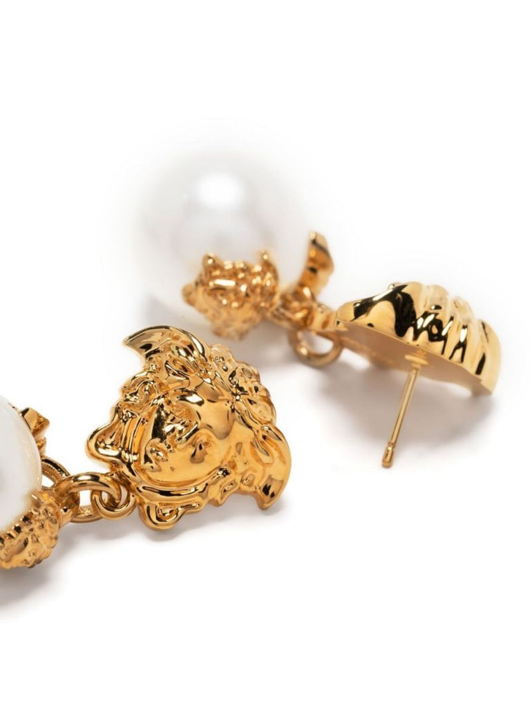 Gold-tone Medusa Head Pearl Drop Earrings