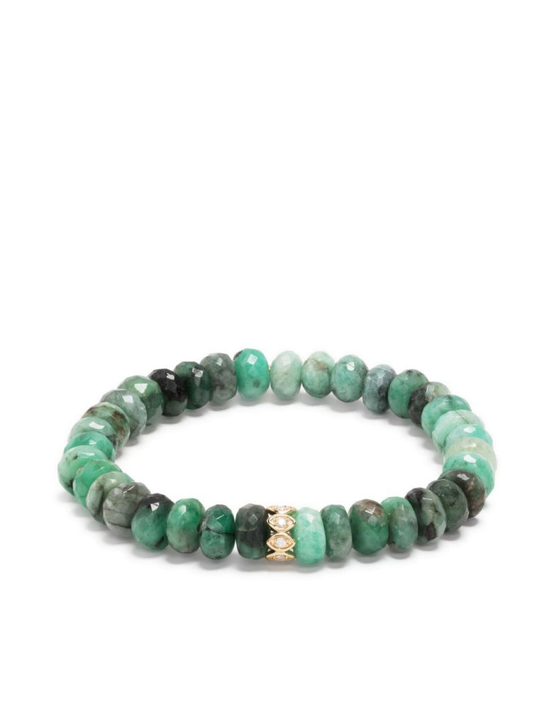 14k Yellow Gold Evil Eye Diamond Emerald Beaded Bracelet