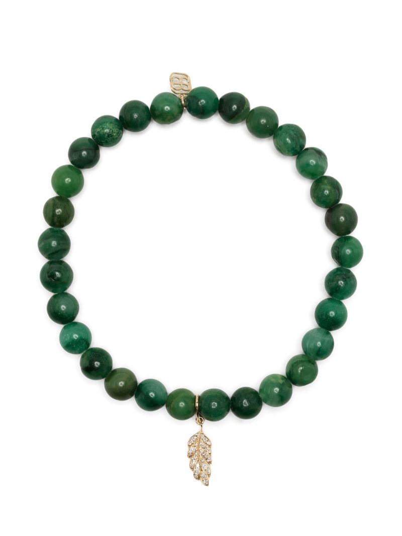 14k Yellow Gold Verdite Feather Beaded Bracelet