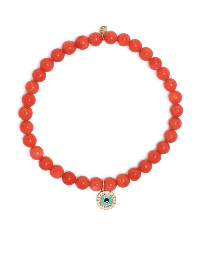 14k Yellow Gold Evil Eye Coral Beaded Bracelet