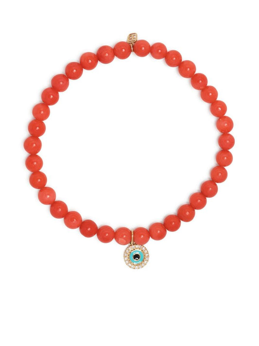 14k Yellow Gold Evil Eye Coral Beaded Bracelet