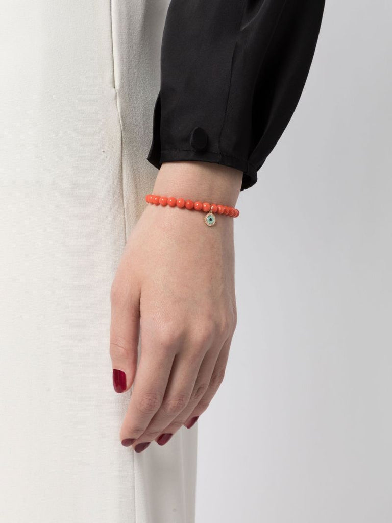 14k Yellow Gold Evil Eye Coral Beaded Bracelet
