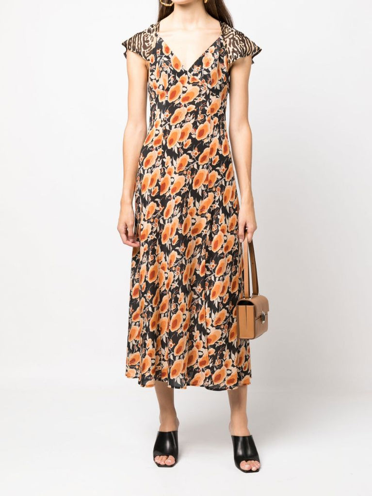 Black Angelina Contrast Print Silk Midi Dress