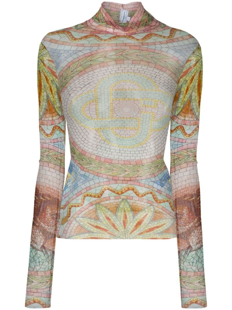Green Mosaic Print Mesh Top