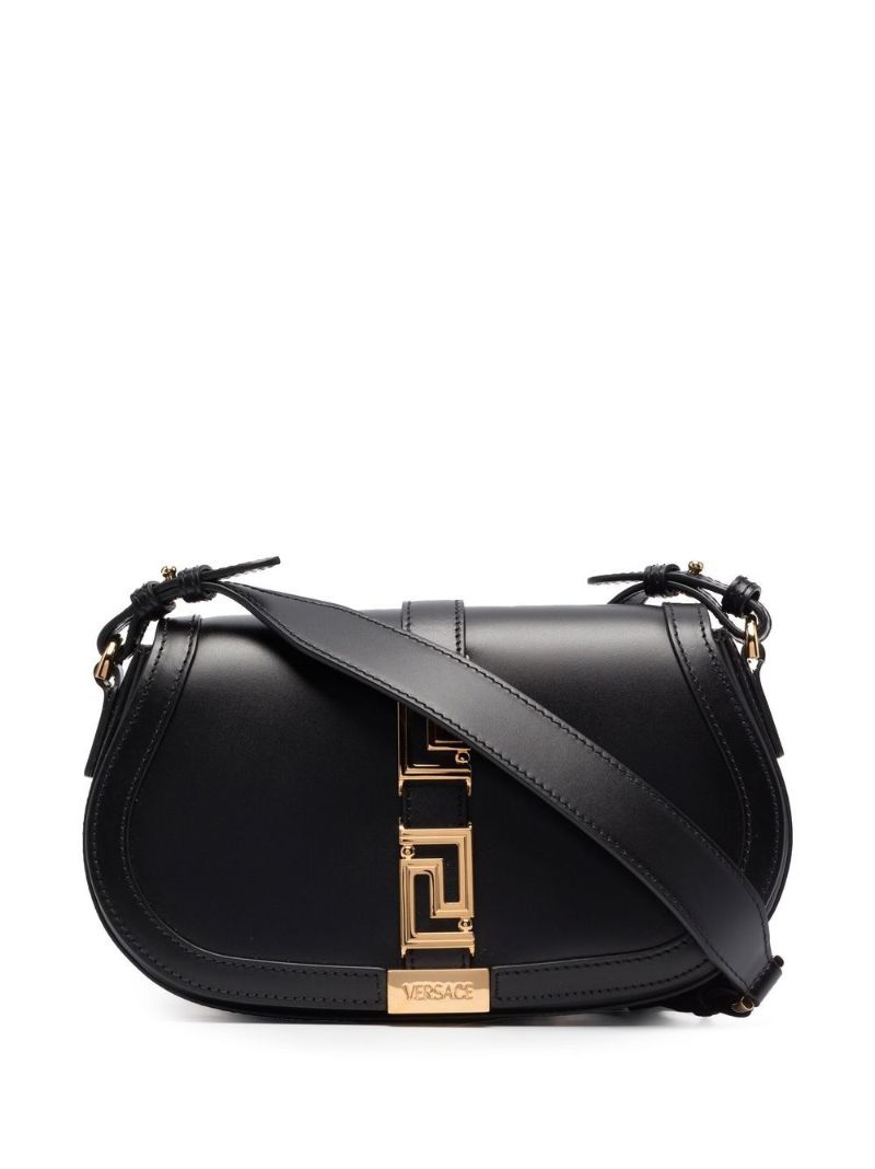 Black Greca Goddess Leather Shoulder Bag