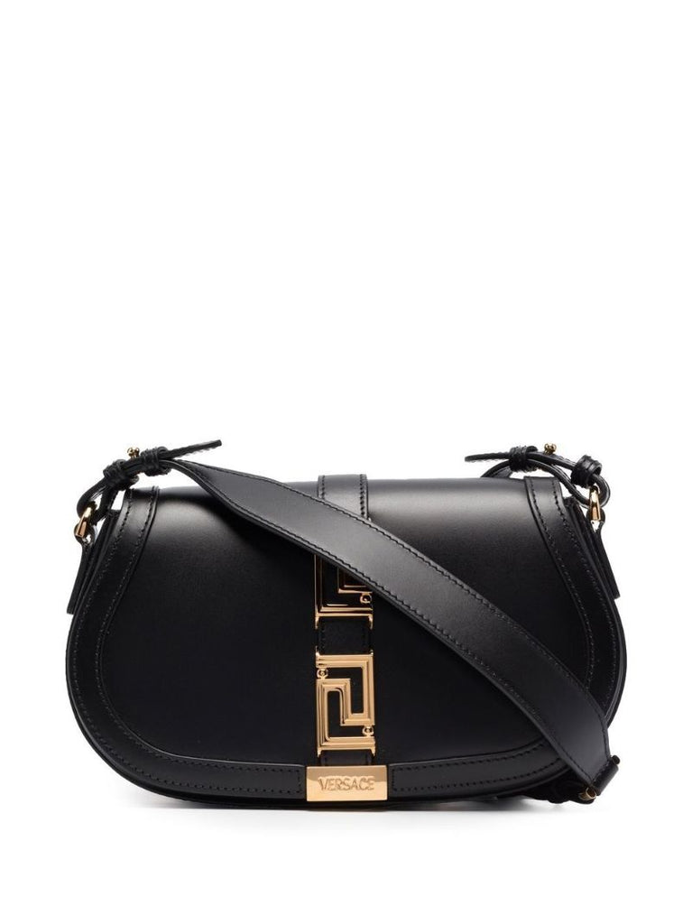 Black Greca Goddess Leather Shoulder Bag