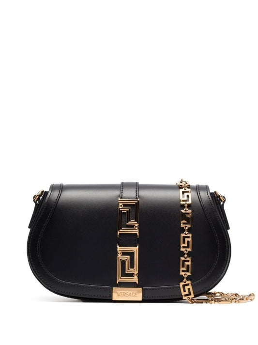 Black Greca Goddess Leather Shoulder Bag