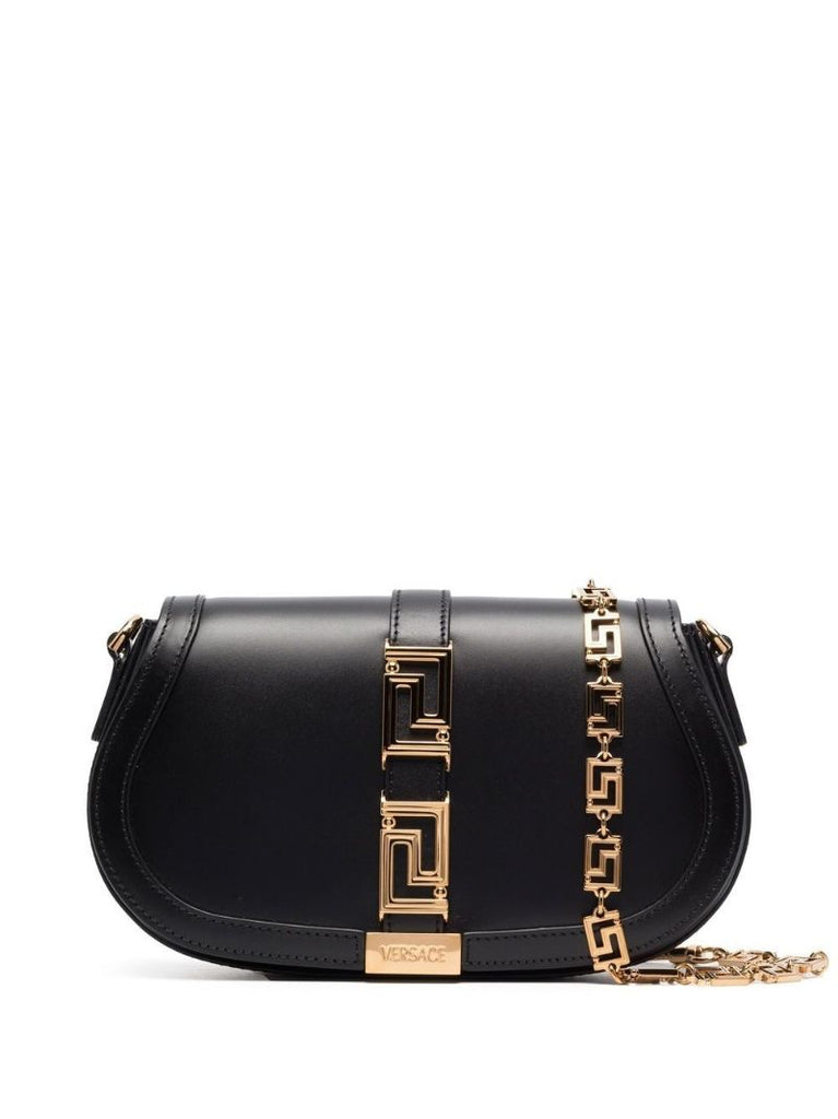 Black Greca Goddess Leather Shoulder Bag